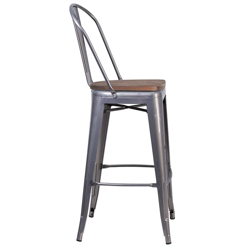 30" High Clear Coated Barstool With Back And Wood Seat By Flash Furniture | Bar Stools | Modishstore - 2