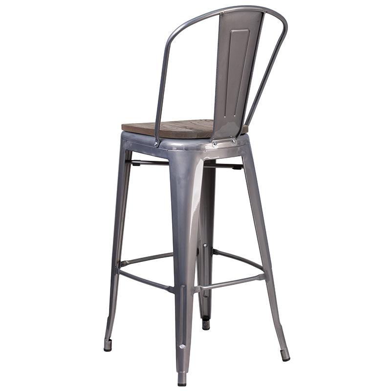 30" High Clear Coated Barstool With Back And Wood Seat By Flash Furniture | Bar Stools | Modishstore - 3