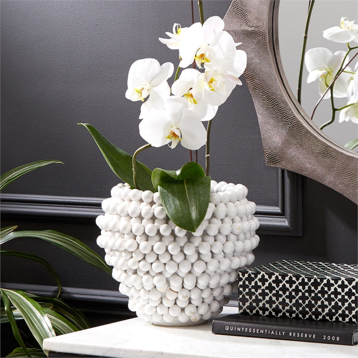 White Ceramic Pompom Vase/Planter, Set of 2 | Vases | Modishstore - 3