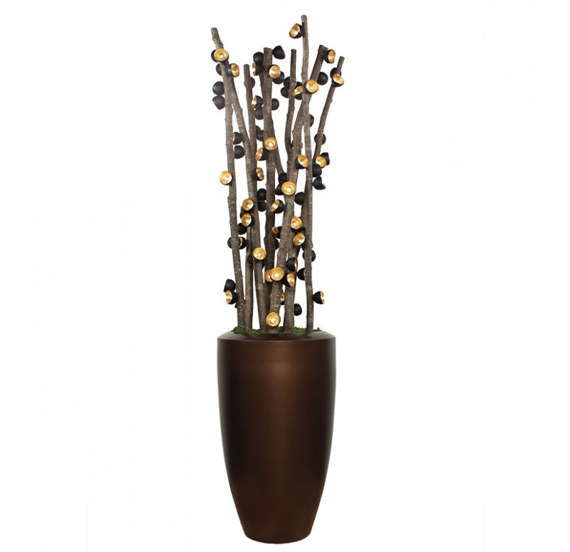 Alder Poles w/ Custom Wall Play in Barrel Planter, Bronze Black by Gold Leaf Design Group | Artificial Flora | Modishstore