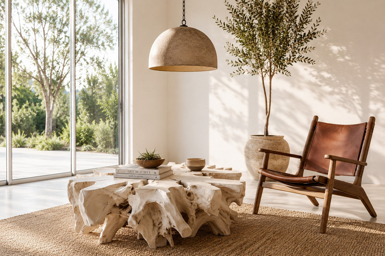 Sunlit room with sculptural wood furniture and leather chair